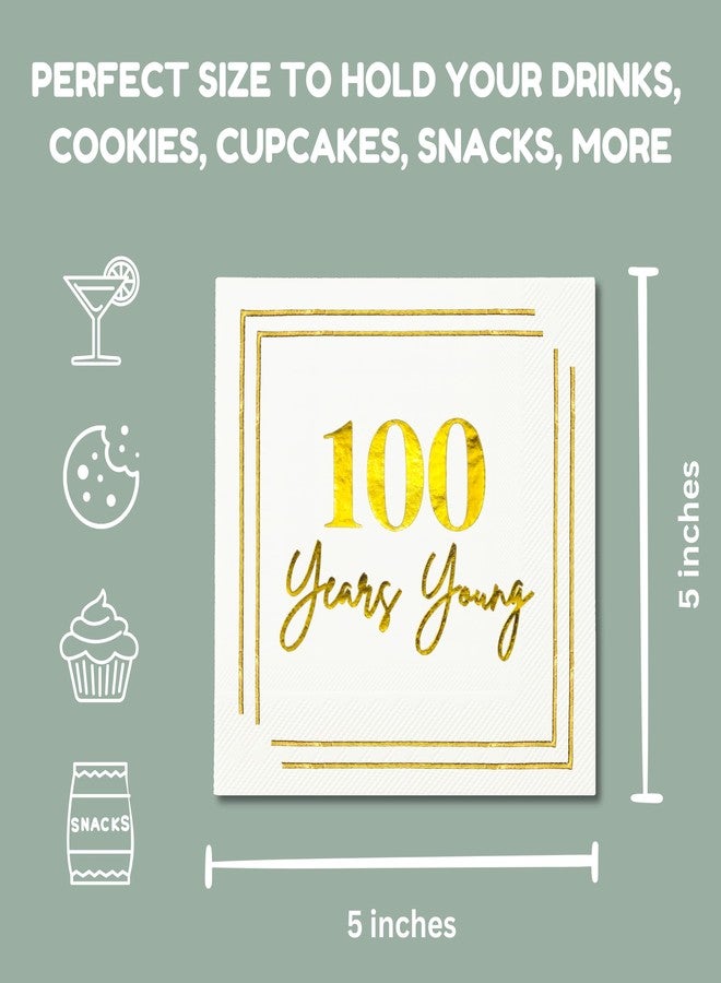 Cloverjoyed 100th Birthday Cocktail Napkins, Gold 100 Years Old Bday Party Decorations, "100 Years Young" Disposable Paper Napkin Decor for Women Men, Milestone Celebration, Fabulous Gift Ideas, 50 Pack - Image 5